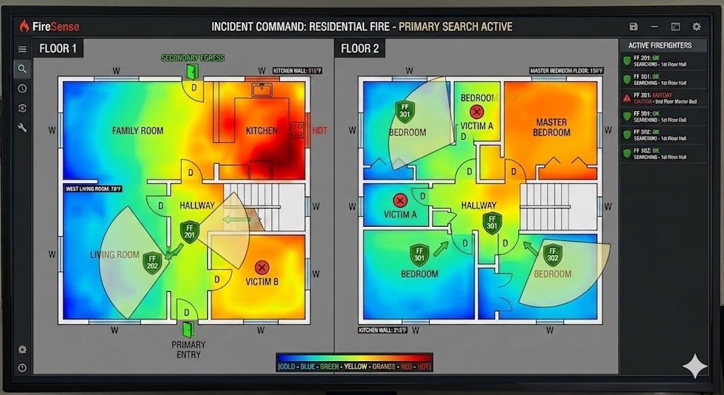 Incident command display showing two annotated floor plans with firefighter positions, victims, and heat overlay