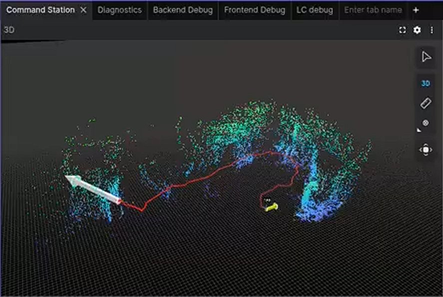 Live 3D point-cloud map with the firefighter's optimized trajectory drawn through it